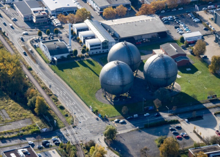 Gasometer- Hoch- Speicherbehälter am Grüner Weg in Aachen im Bundesland Nordrhein-Westfalen