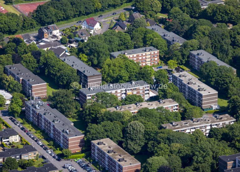Luftbild Wohngebiet einer industriell gefertigten Plattenbau- Siedlung an der Briandstraße, Söderblomstraße in Kempen im Bundesland Nordrhein-Westfalen, Deutschland