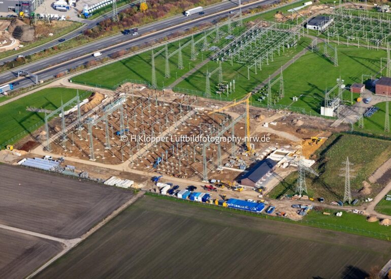 Luftbild Neubau eines Umspannwerkes in Eschweiler im Bundesland Nordrhein-Westfalen, Deutschland